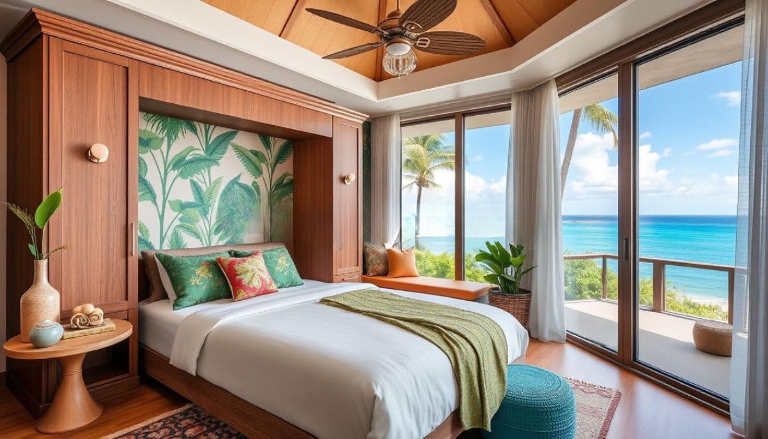 "Elegant Murphy bed in a tropical Hawaiian setting, showcasing compact living with vibrant island decor, lush greenery, and ocean views. Include the brand name 'Murphy Nook' subtly integrated into the scene."