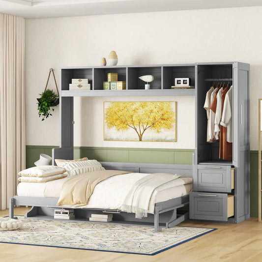 A stylish queen-size Murphy bed with an integrated closet and drawers, offering smart storage and space-saving functionality.