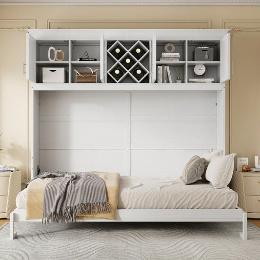 A stylish Queen Murphy Bed with top cabinets and a built-in wine rack, offering smart storage and elegant space-saving design.