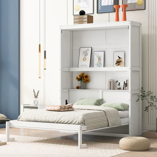 "A stylish full-size Murphy bed with built-in shelves, seamlessly blending storage and comfort in a modern living space."