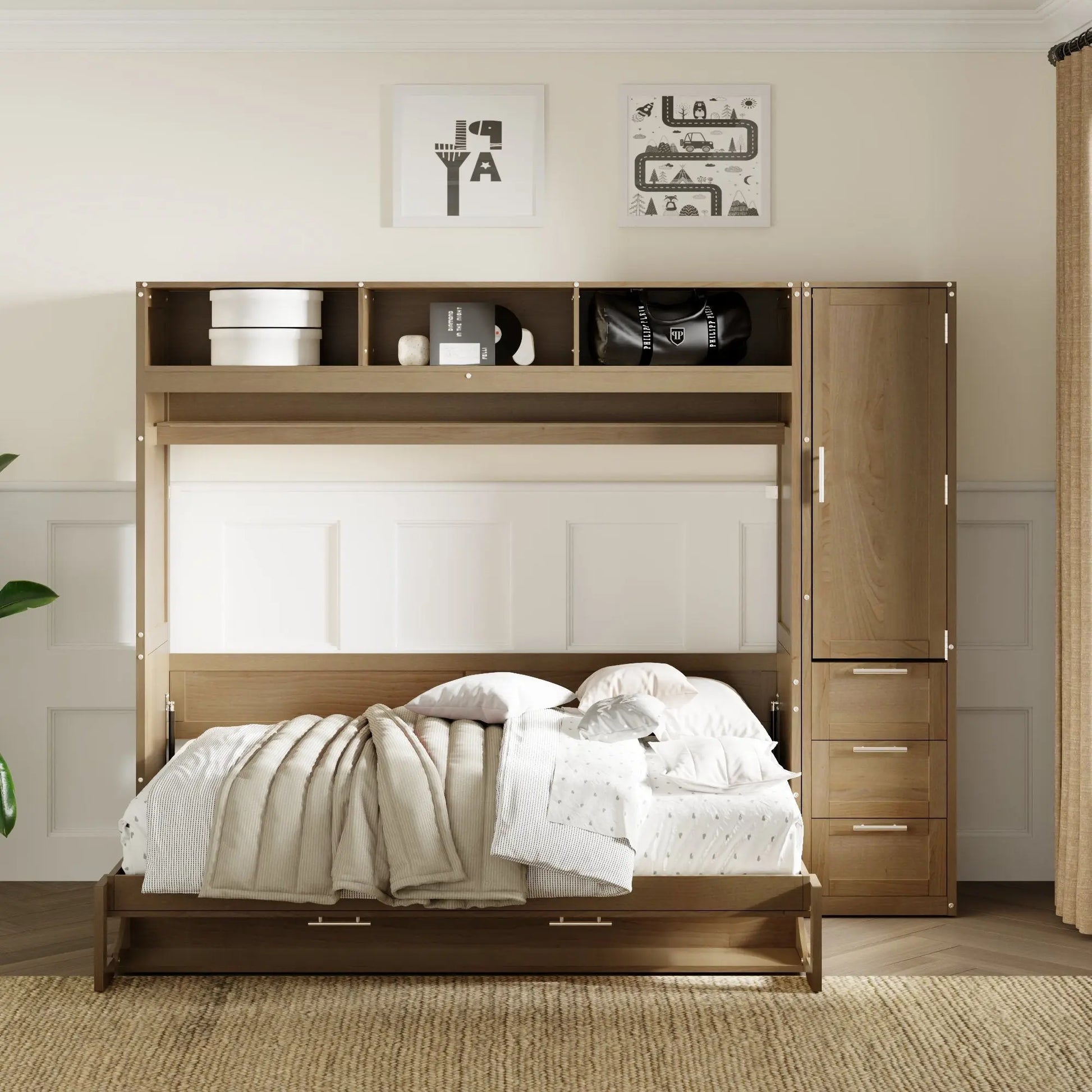 Full Size Murphy Bed with Wardrobe, Drawers and Shelves - Murphy Nook