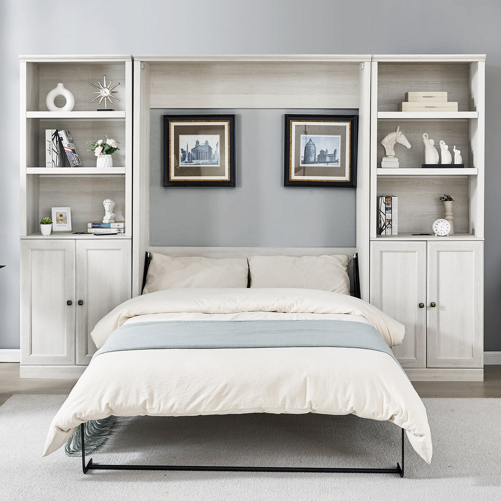 "Elegant Queen Size Half Shelf Murphy Bed with Dual Side Cabinet Storage, Perfect for Maximizing Space and Adding Functional Style to Any Room"