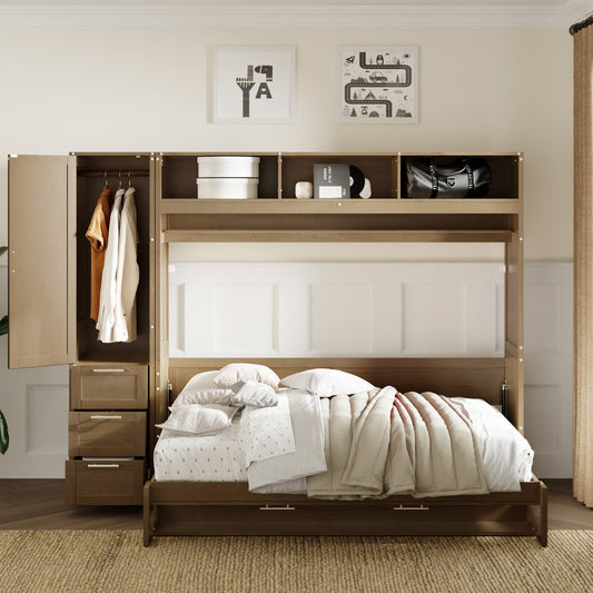  "Chic Full Size Murphy Bed with Seamlessly Integrated Wardrobe, Drawers, and Shelves, Effortlessly Combining Functionality and Style for a Clutter-Free, Transformable Room"