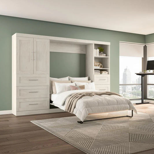 Full Murphy Bed with Open and Concealed Storage (120w) refers to a type of full-sized Murphy bed that has additional open and concealed storage spaces.