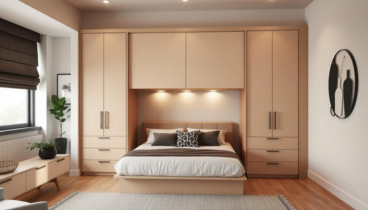 "Affordable modern Murphy bed by 'Murphy Nook' in a stylish small apartment, showcasing sleek design, space-saving functionality, and ample storage."