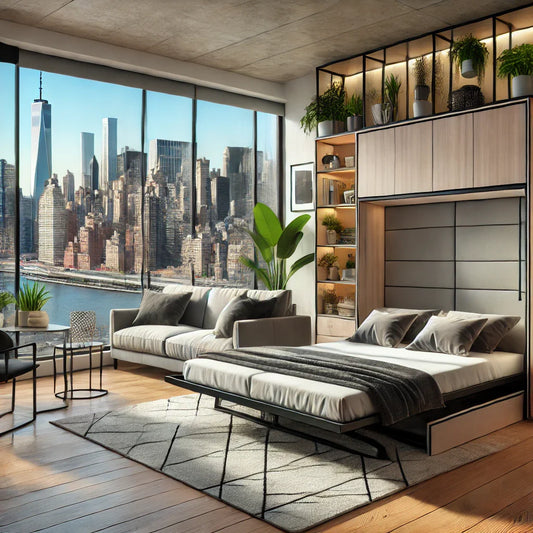 "Cozy and stylish Murphy bed folded seamlessly into a chic New York City apartment, blending space-saving design with urban sophistication."