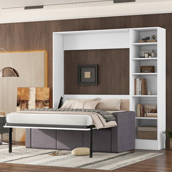 "Multifunctional full-size Murphy bed with integrated sofa and shelves, designed to maximize space and functionality in any room."