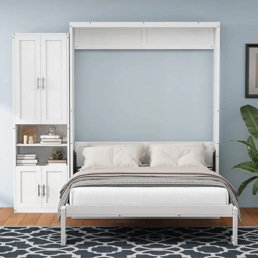 "Queen size Murphy bed with one side cabinet featuring a storage shelf, ideal for maximizing space in modern homes."