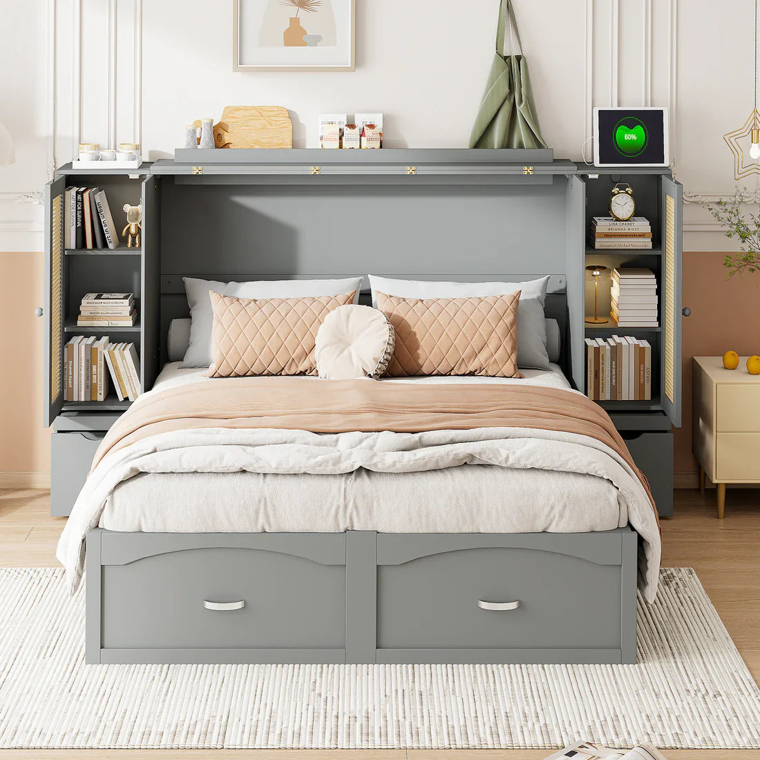 Elegant rattan queen-size Murphy bed with spacious storage drawers