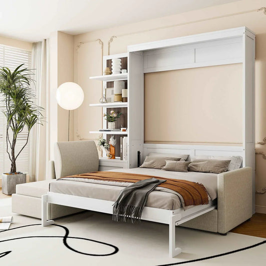  "Elegant and space-saving queen-size Murphy bed by Murphy Nook, featuring a built-in sofa and side shelving for modern functionality and style."