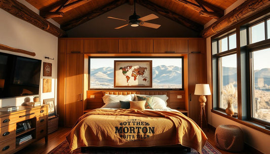 Cozy interior of a stylish bedroom featuring a modern Murphy bed, surrounded by rustic South Dakota decor, natural light streaming through large windows, showcasing the beauty of the Black Hills in the background, warm earthy tones and textures.