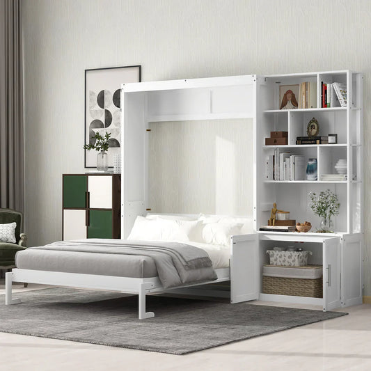 "Transform your space with style: A full-size Murphy bed that disappears into a chic storage unit, complete with shelves and cabinets for the ultimate blend of function and flair."