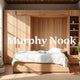 "Eco-friendly Murphy bed in a minimalist room with natural wood finishes, sustainable materials, plants, and natural light, featuring 'Murphy Nook' subtly in the design."