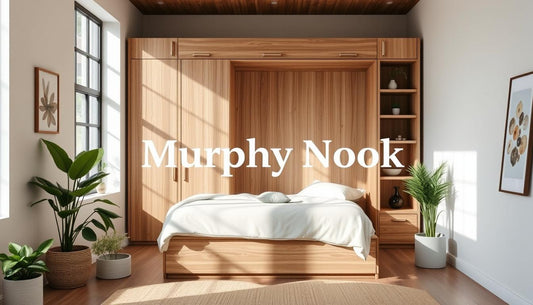 "Eco-friendly Murphy bed in a minimalist room with natural wood finishes, sustainable materials, plants, and natural light, featuring 'Murphy Nook' subtly in the design."