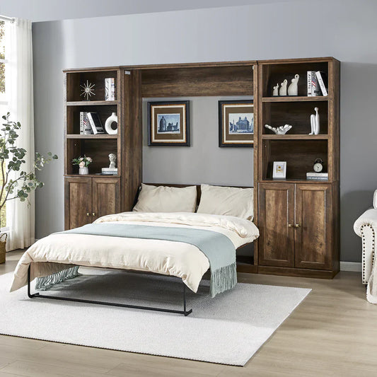 "A stylish full-size Murphy bed with a half shelf and a two-sided cabinet, showcasing a modern, space-saving design in a cozy living space."