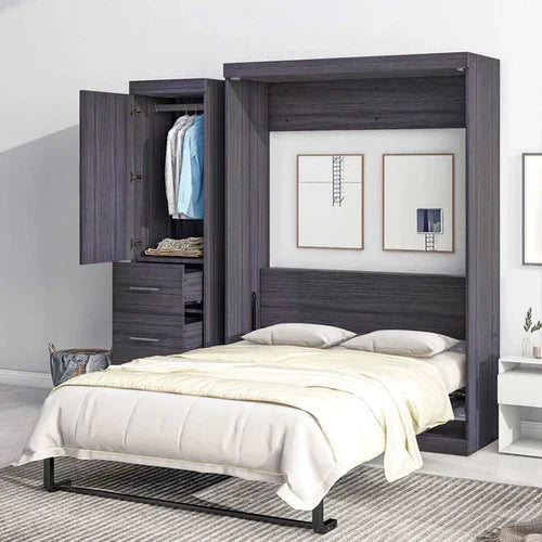 "Full-size Murphy bed with an integrated wardrobe and drawers, combining space-saving functionality with stylish storage solutions for any room."