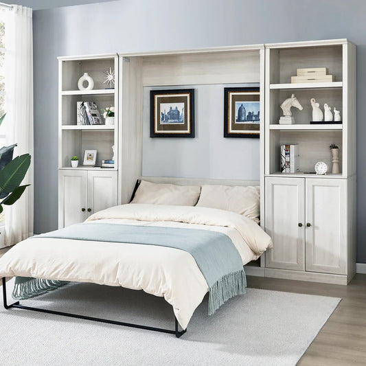 "Full-size Murphy bed with sleek side cabinets and open shelves, perfect for stylish and space-saving living."