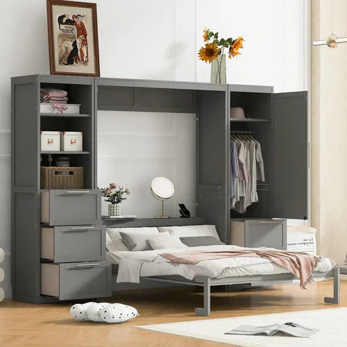 "Queen-size Murphy bed with built-in closet, drawers, and shelves, elegantly blending space-saving functionality with stylish storage solutions."