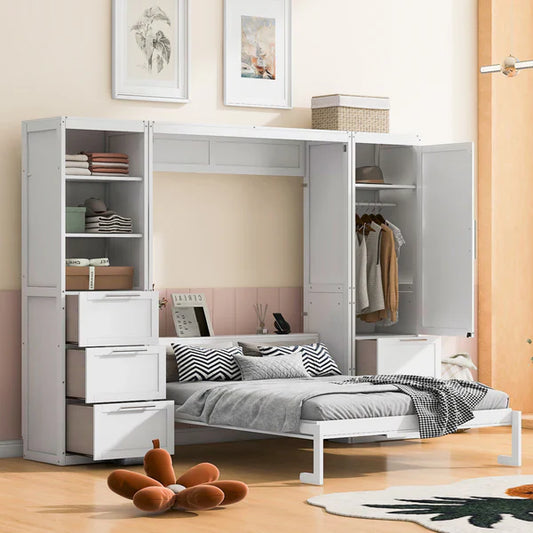 A stylish and space-saving queen-size Murphy bed with built-in closets, drawers, and shelves, offering ample storage and a sleek, modern design for any home.