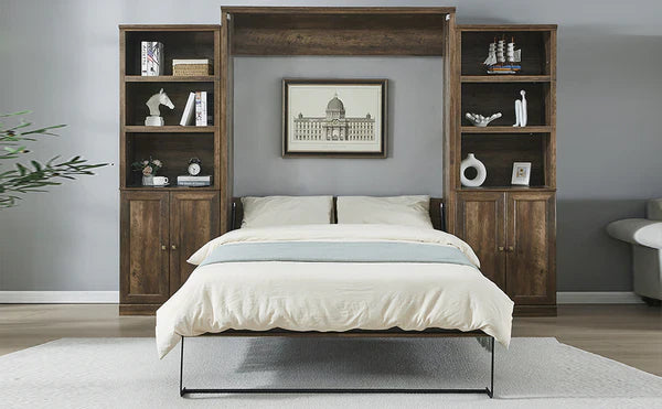 "Space-saving Half Shelf Queen Murphy Bed with two sleek cabinet storage shelves, offering a seamless blend of comfort and organization for any room."