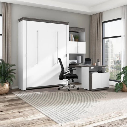 Queen Murphy bed with integrated storage cabinet and fold-out desk, the epitome of space-saving luxury and functionality