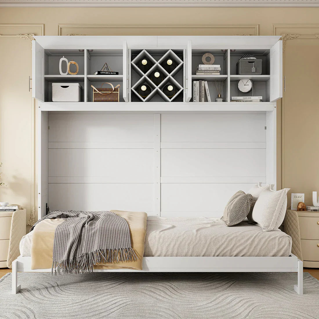 A stylish Queen Murphy Bed with top cabinets and a built-in wine rack, offering smart storage and elegant space-saving design.