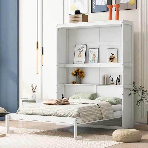 "A stylish full-size Murphy bed with built-in shelves, seamlessly blending storage and comfort in a modern living space."