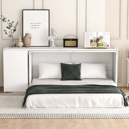 "Queen size Murphy bed with a rotatable desk, seamlessly transforming between a workspace and a cozy sleeping area for multi-functional living."