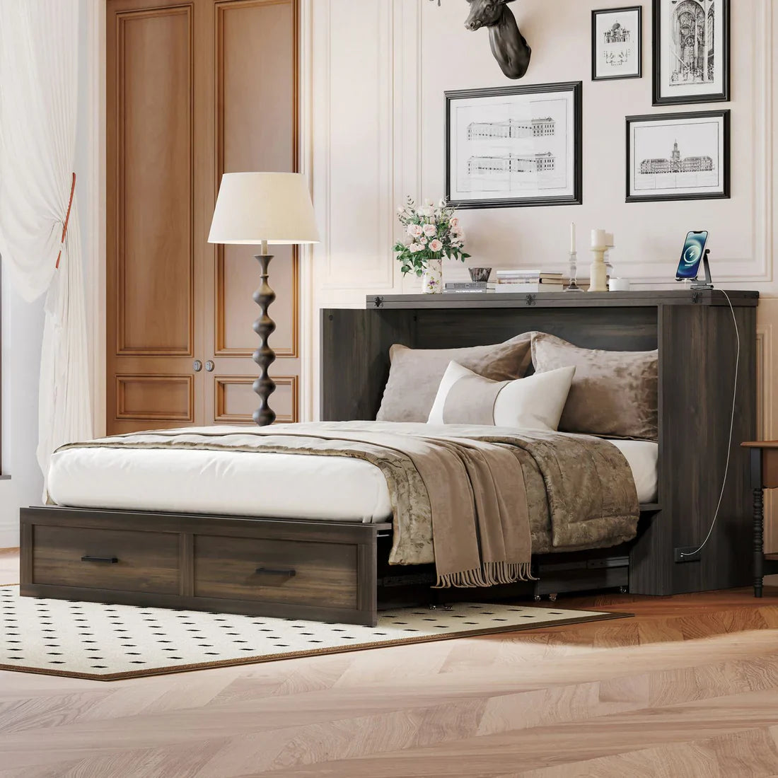 "A beautifully crafted queen-size farmhouse Murphy bed with a built-in charging station, seamlessly blending rustic charm with modern convenience."