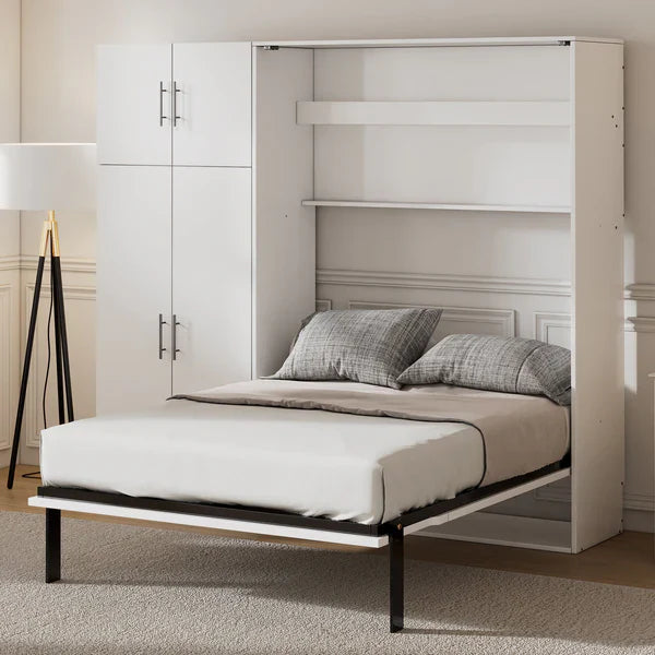 "A stylish full-size Murphy bed with built-in lockers and wardrobes, blending functionality and modern design in a compact space."
