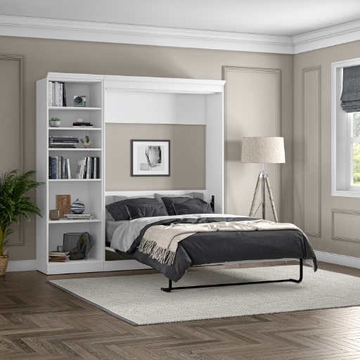 white twin size murphy beds, with shelf space for anything for the home!