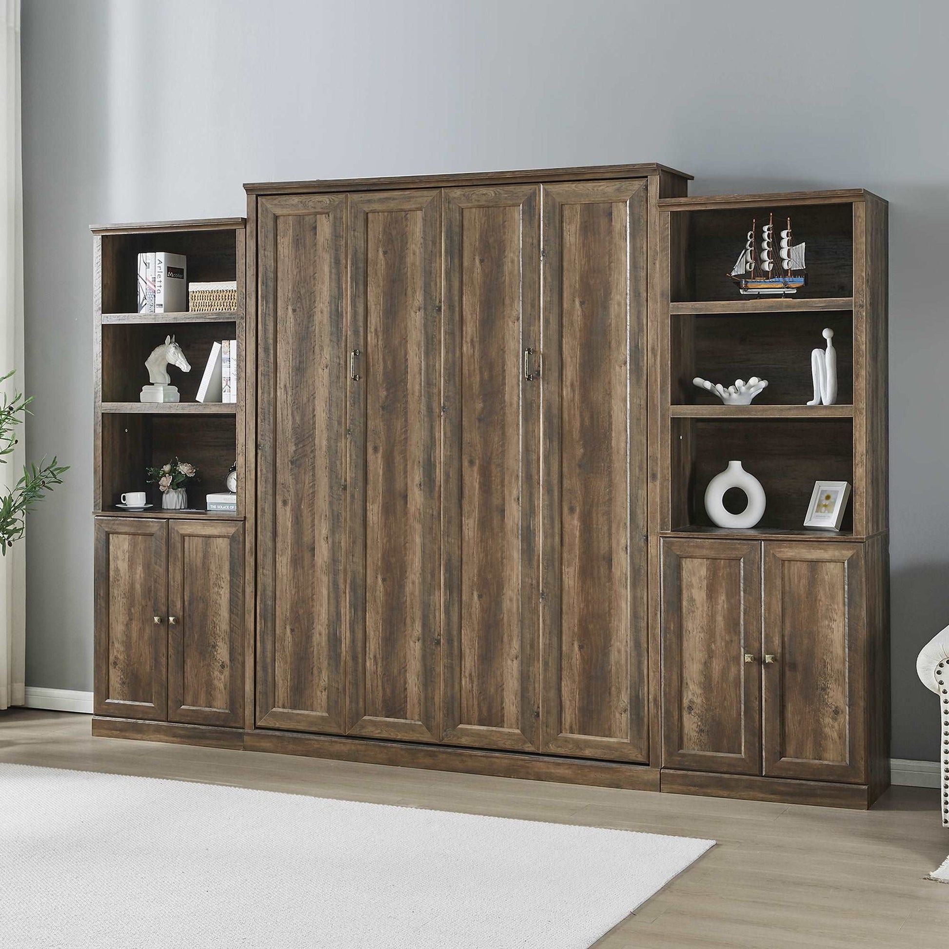 Queen Size Half Shelf Murphy Bed with 2 Side Cabinet Storage Shelves - Murphy Nook