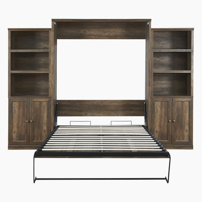 Queen Size Half Shelf Murphy Bed with 2 Side Cabinet Storage Shelves