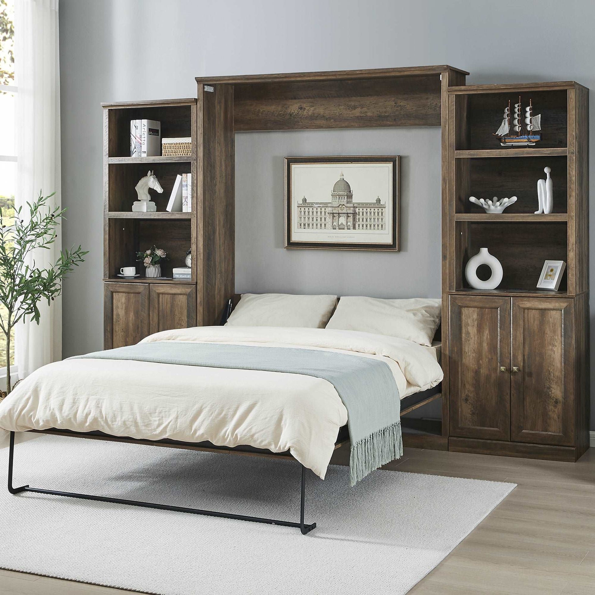 Queen Size Half Shelf Murphy Bed with 2 Side Cabinet Storage Shelves - Murphy Nook