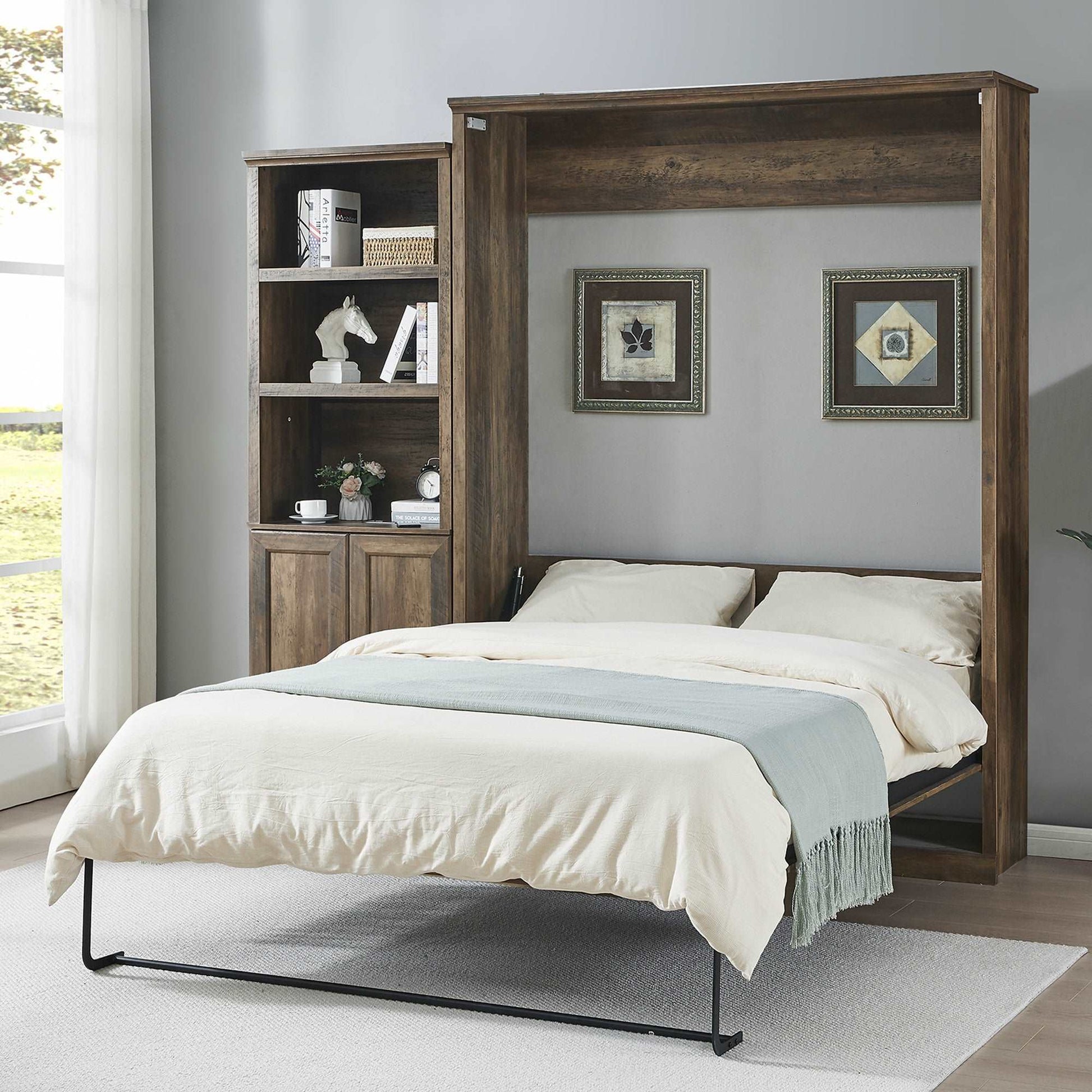 Queen Size Murphy Bed, Half shelf with 1 side Cabinet - Murphy Nook