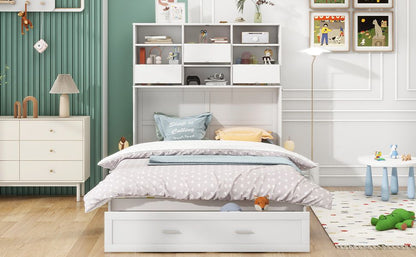 Queen Size Murphy Bed with Bookcase, Bedside Shelves and a Big Drawer - Murphy Nook