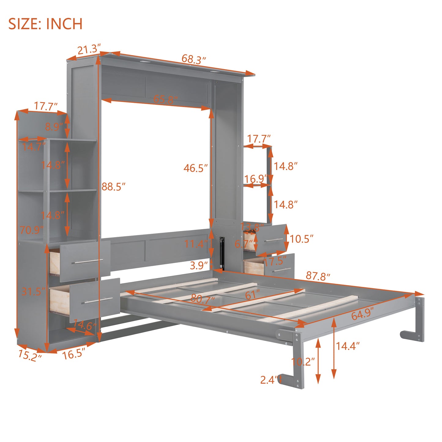 Queen Size Murphy Bed with Shelves, Drawers and LED lights