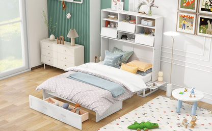 Queen Size Murphy Bed with Bookcase, Bedside Shelves and a Big Drawer - Murphy Nook