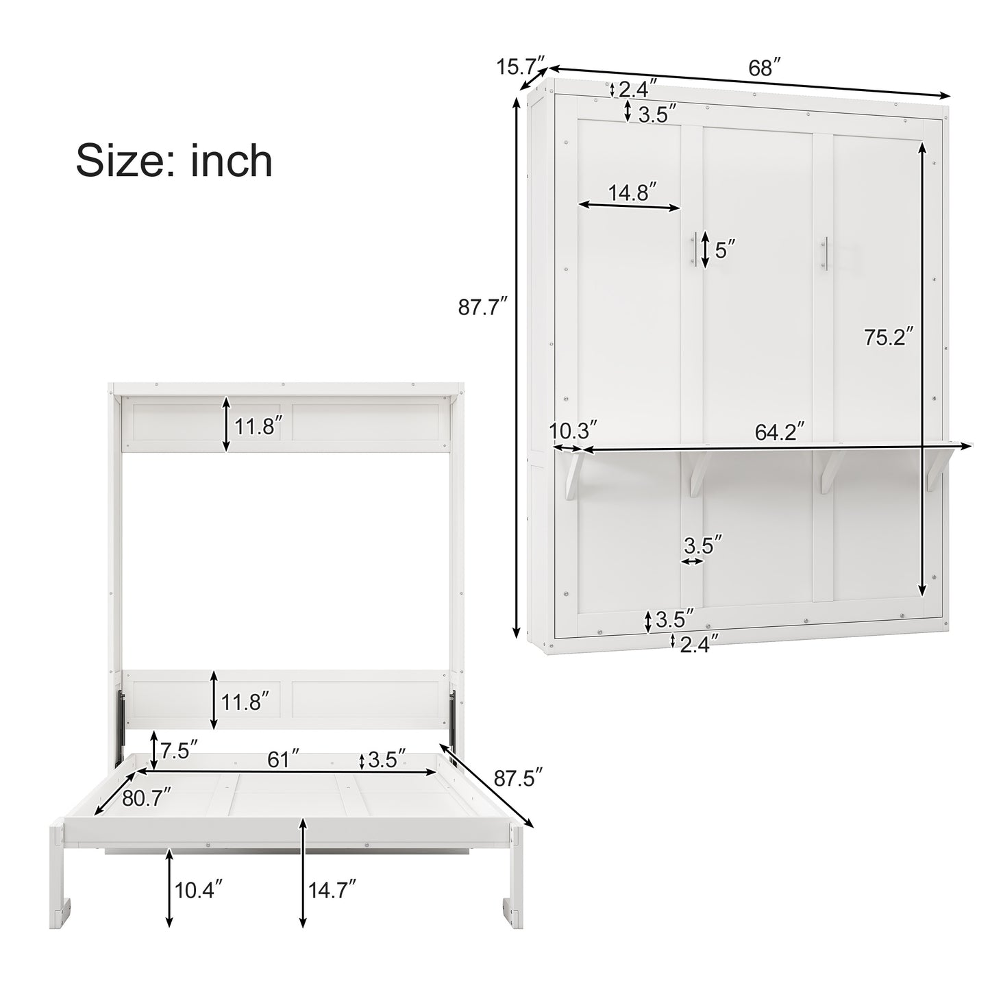 Queen Size Murphy Bed with 1 Side Cabinet Storage Shelf