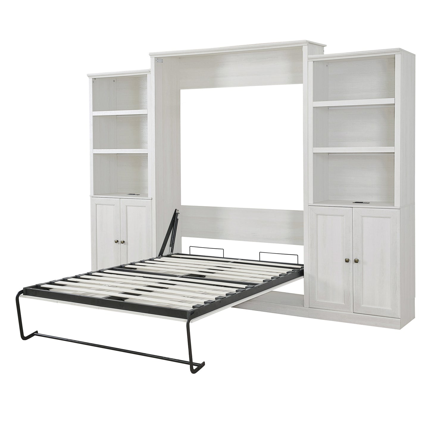 Queen Size Half Shelf Murphy Bed with 2 Side Cabinet Storage