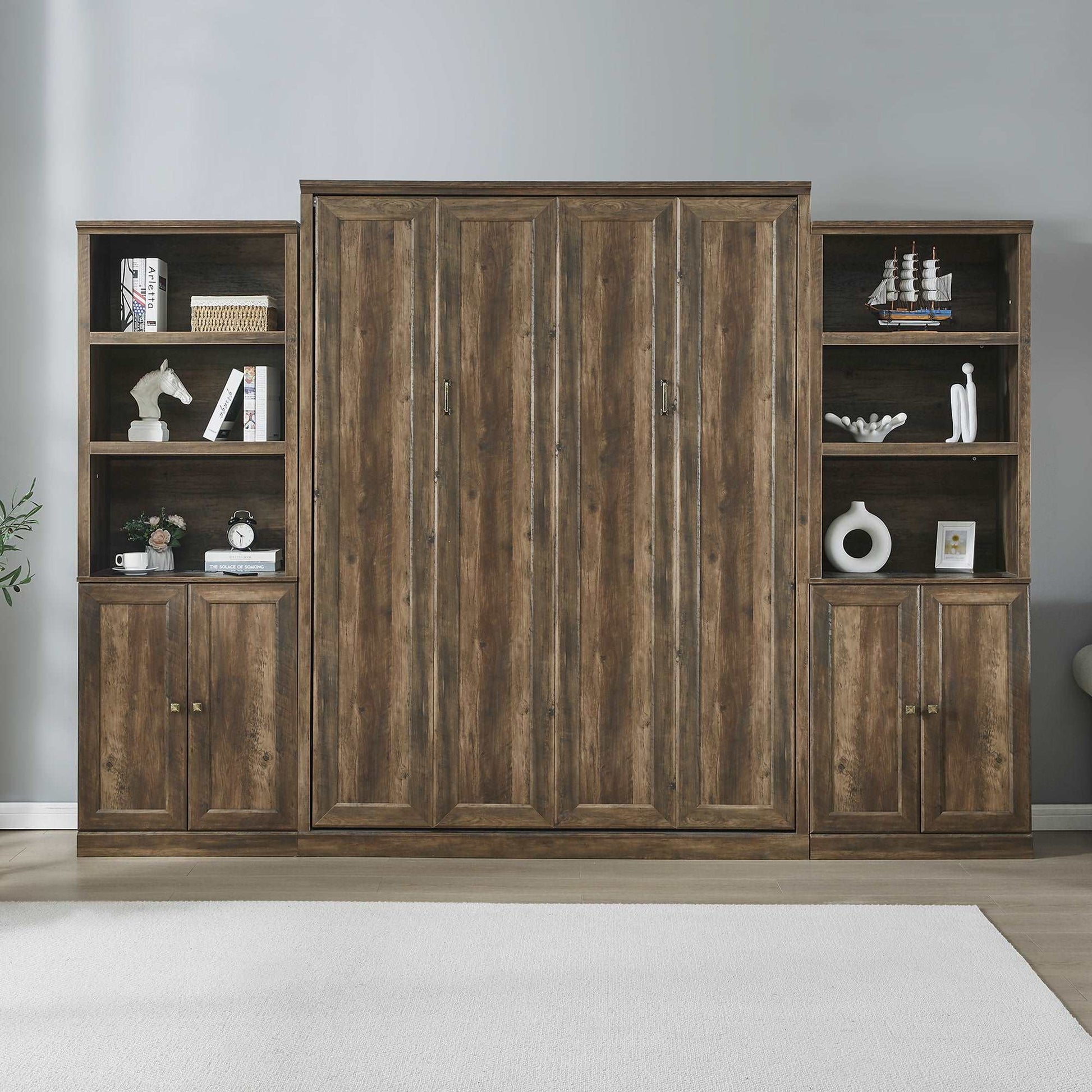 Queen Size Half Shelf Murphy Bed with 2 Side Cabinet Storage Shelves - Murphy Nook